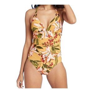 Kona Sol Women's Tortoise Ring High Coverage Swimsuit Yellow Floral Size M